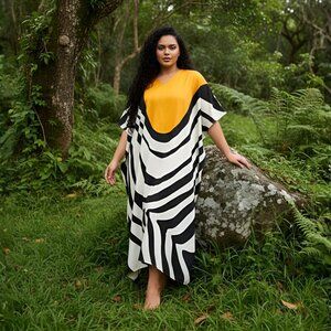 Gypsie Blu Plus Size Caftan Dress Digital Printed Maxi Moo Moos Cover Up Dresses